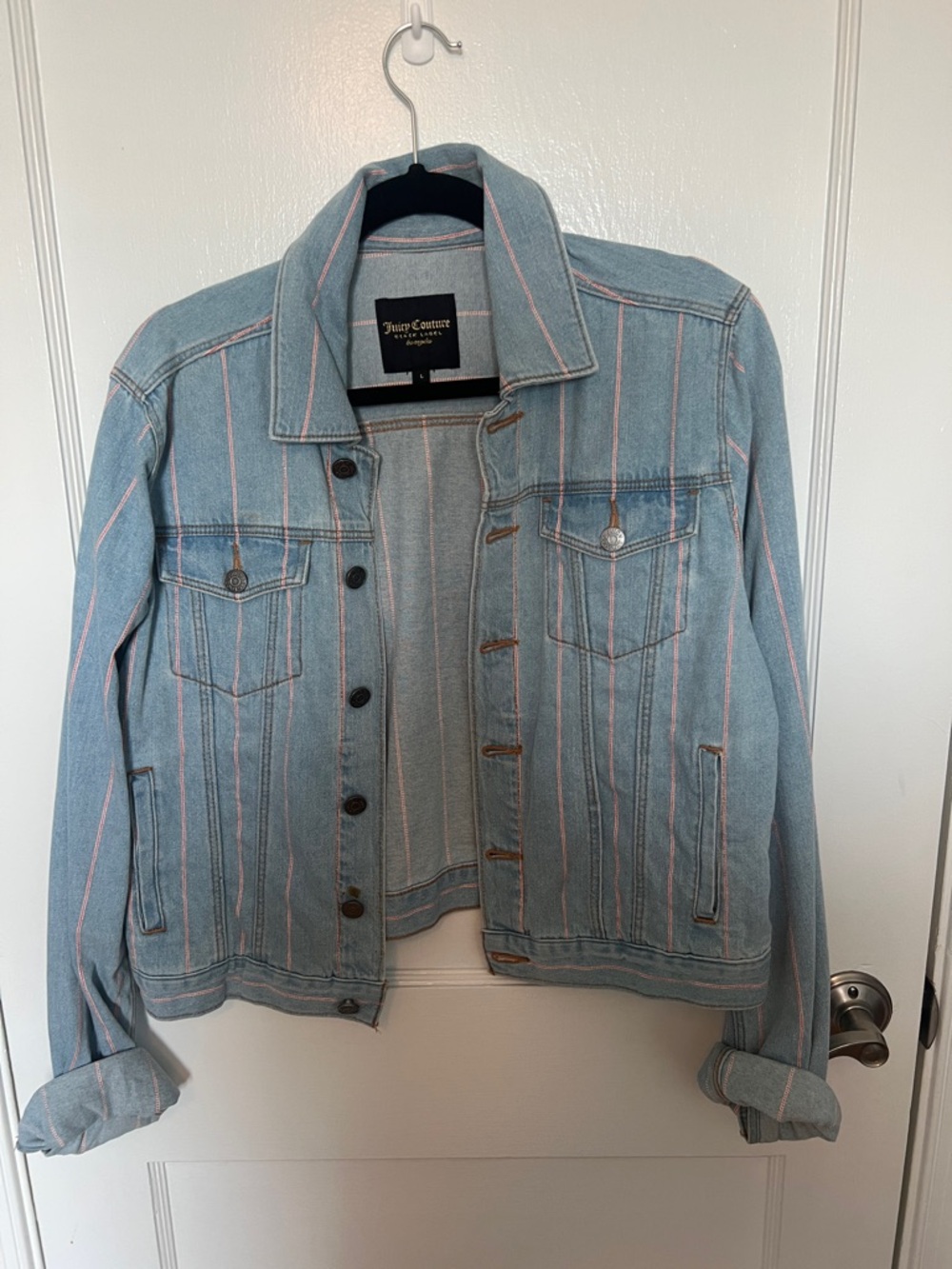 Juicy Couture Light Blue Denim Jacket with Pink Pinstripes
